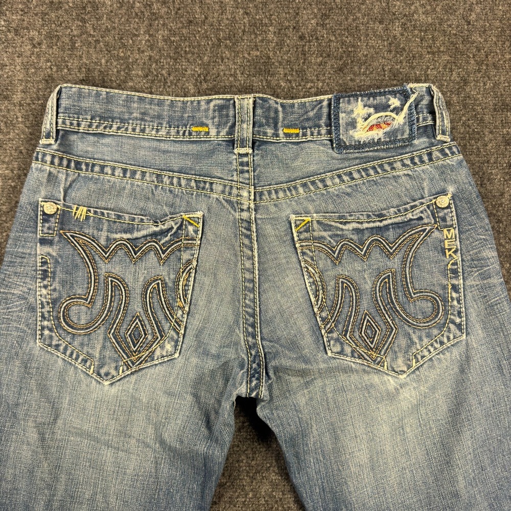 MEK DENIM Acapulco Straight Jeans 34x34 Med Wash Distressed Button Fly